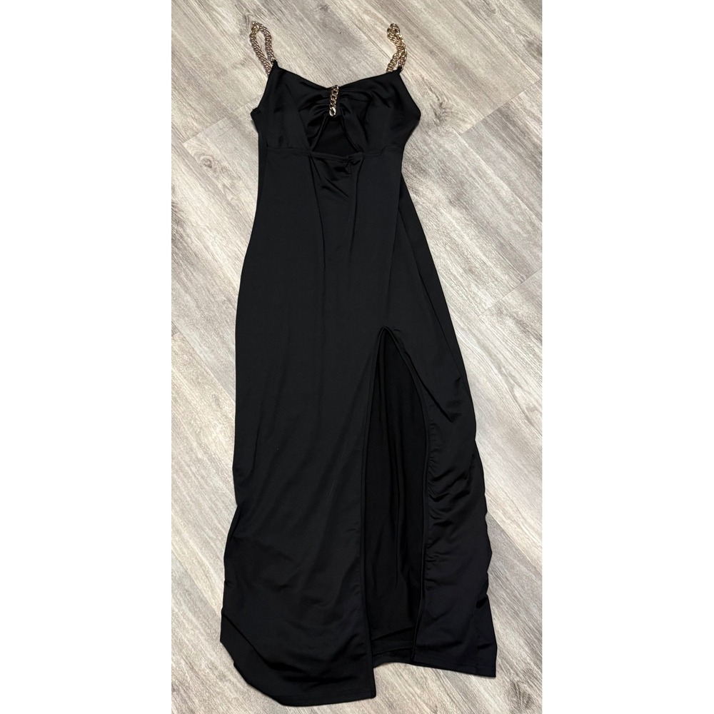 Black Maxi Dress Gold Chain‎ Strap Sleeveless High Slit Party Cocktail